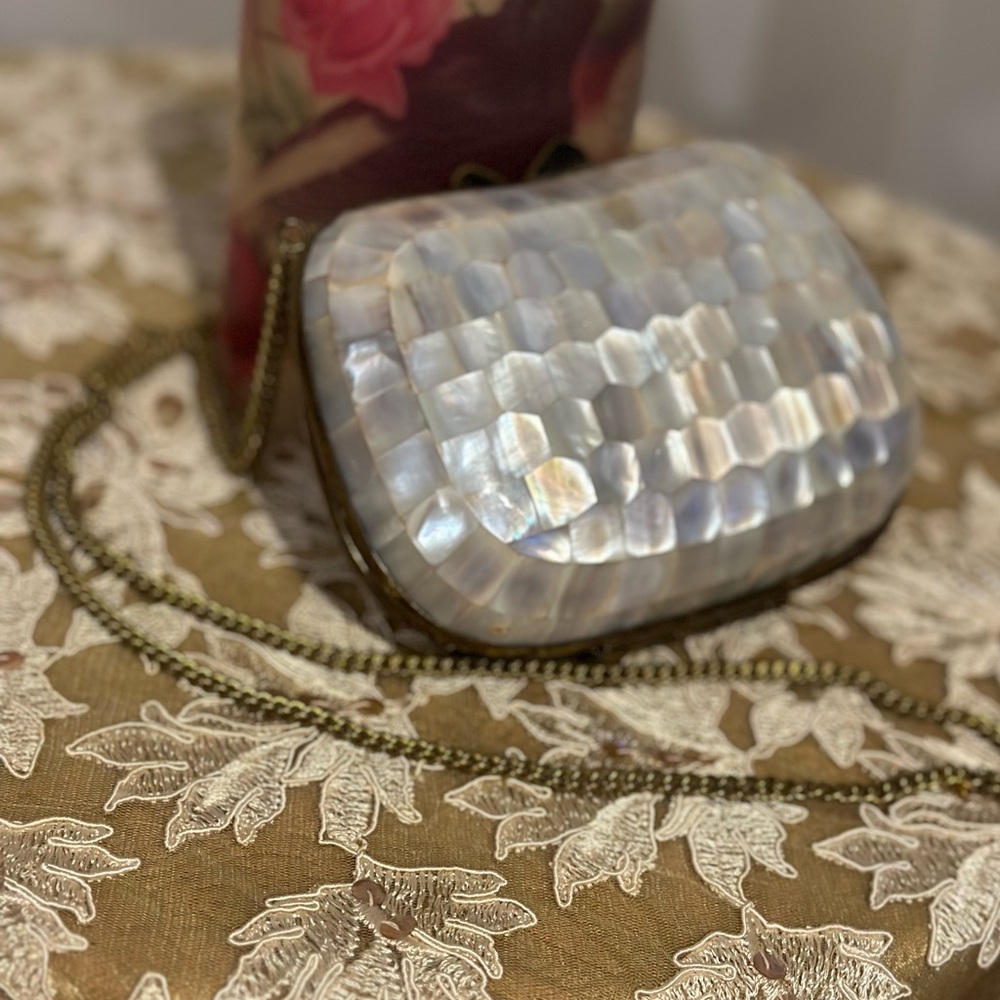 Vintage Mother of Pearl and German brass clutch evening bag Rare